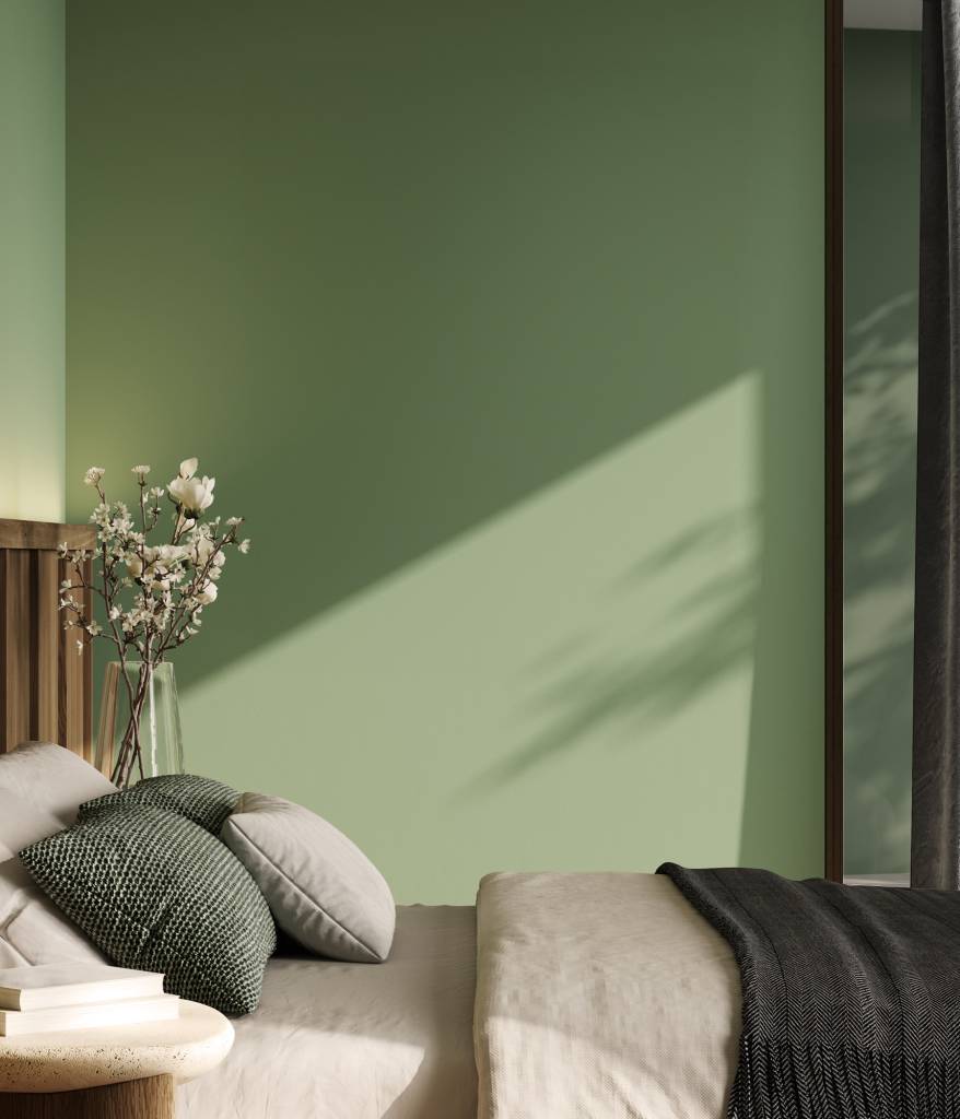 Calm bedroom with a green accent wall