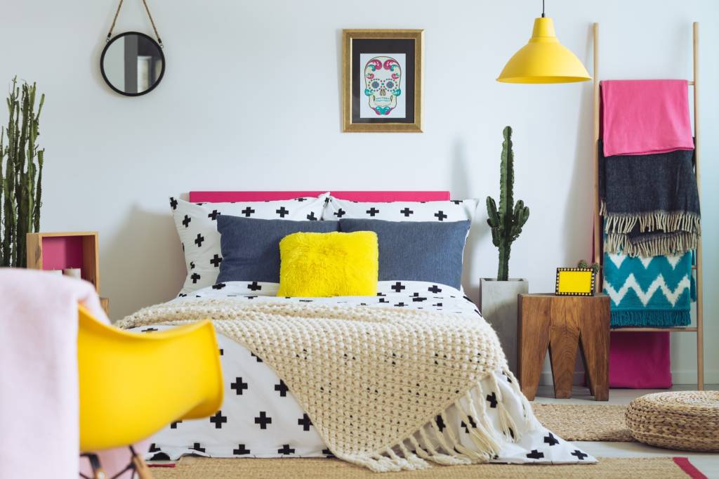 Bright bedroom with colorful accents