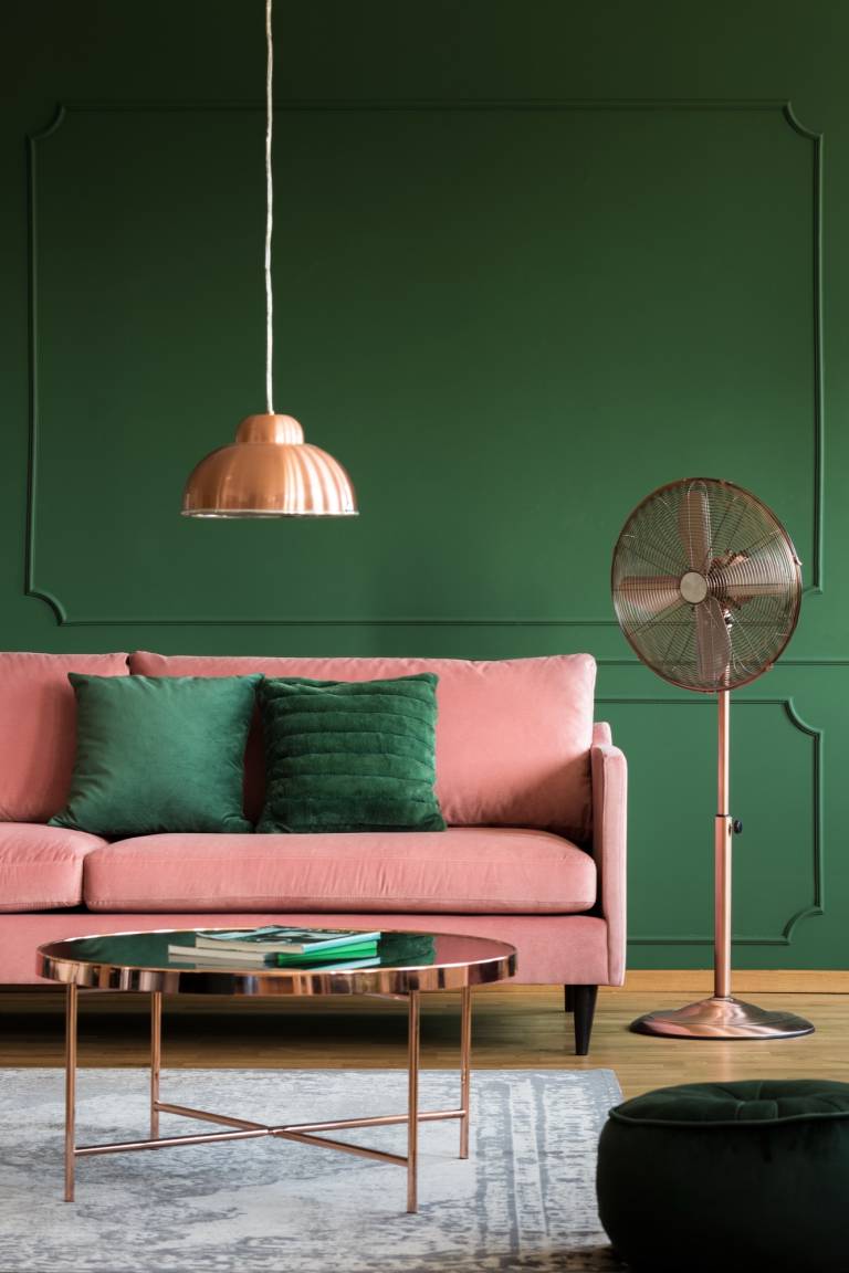 Living room with deep green painted walls