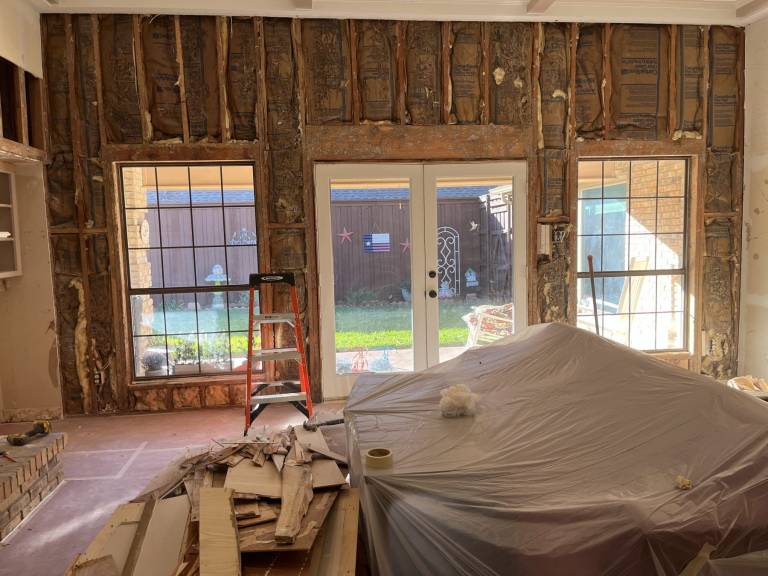 Living room taken down to the studs during remodeling