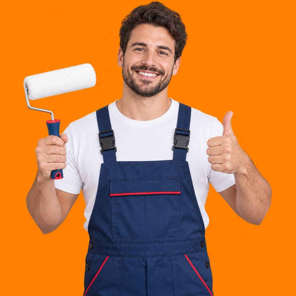 Smiling Ssay Painting painter holding a paint roller and giving a thumbs up