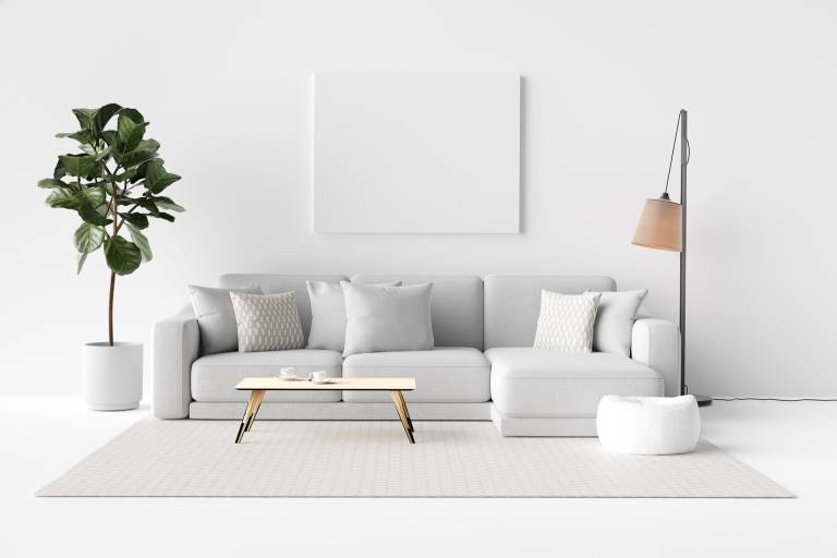 Modern living room with white walls